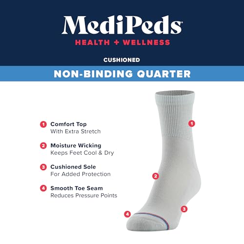 MediPeds Adult Quarter Socks With Non-Binding Top and Cushion, Multiple Pairs - Extra Cushioning for All-Day Comfort |